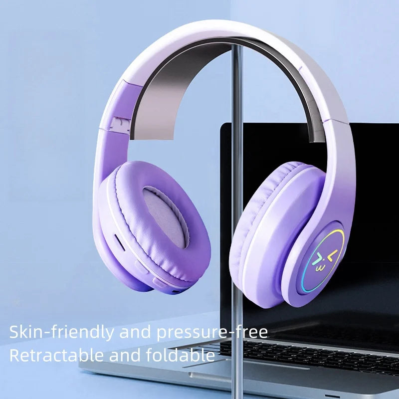 Original Wireless Bluetooth Headphones for Computer RGB Glowing Smiley Face Noise Reduction Gaming Headset Gamer Girl Bass Sport